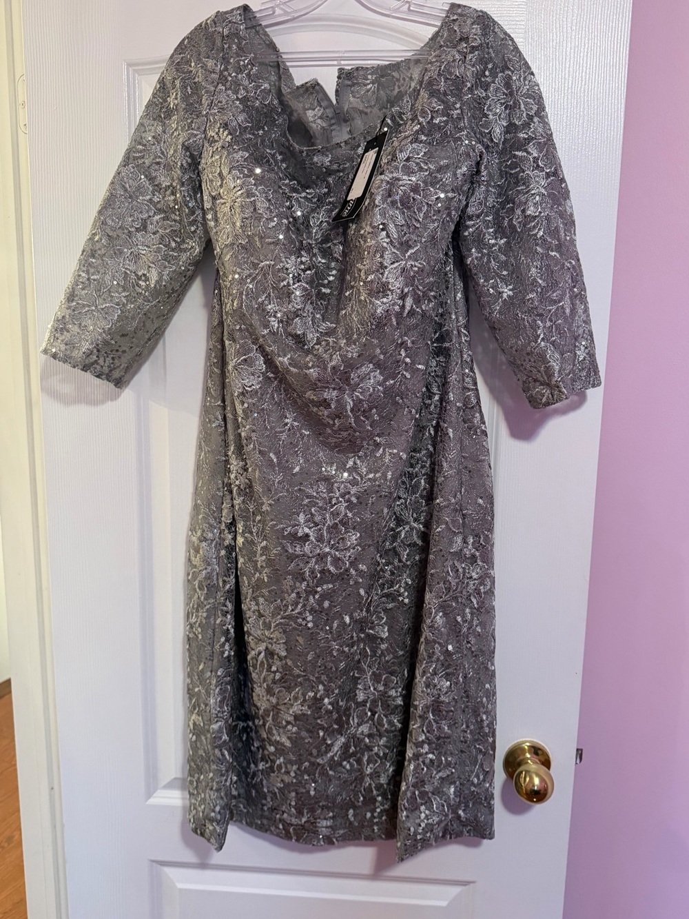 La Femme Silver Lace Midi Dress with Three-Quarter Sleeves